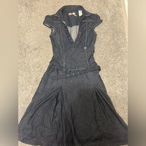 Miss Sixty Dark Blue Denim Belted Vneck Cap Sleeve Dress